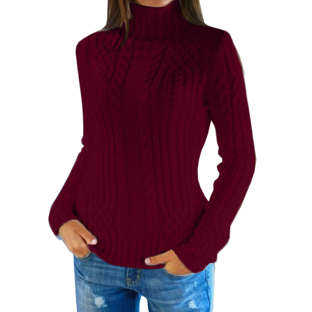 Damen Strickpullover Hochkragen Zopf Muster Elegante Kleidung