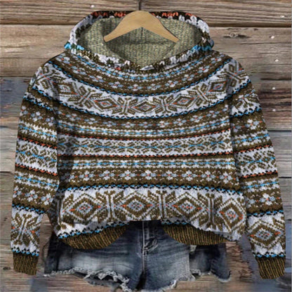 Damen Strickpulli Norwegermuster Kapuze