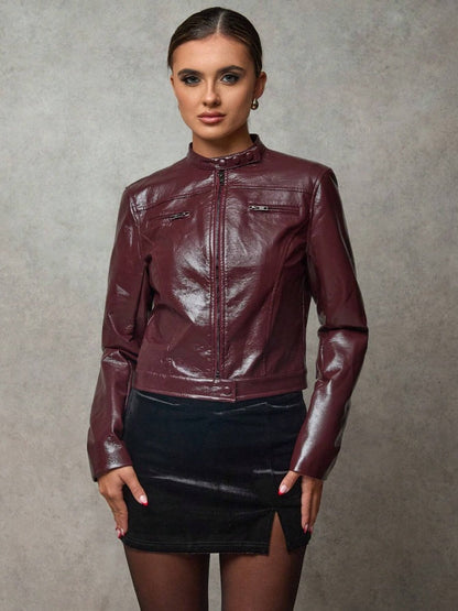 Damen Lederjacke Kurz Asymmetrisch Chic Style