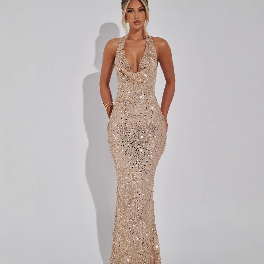 Glamouröses Abendkleid mit Pailletten & V-Ausschnitt