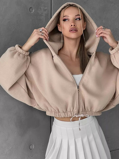 Damen Sportliche Cropped Hoodie Mit Reißverschluss