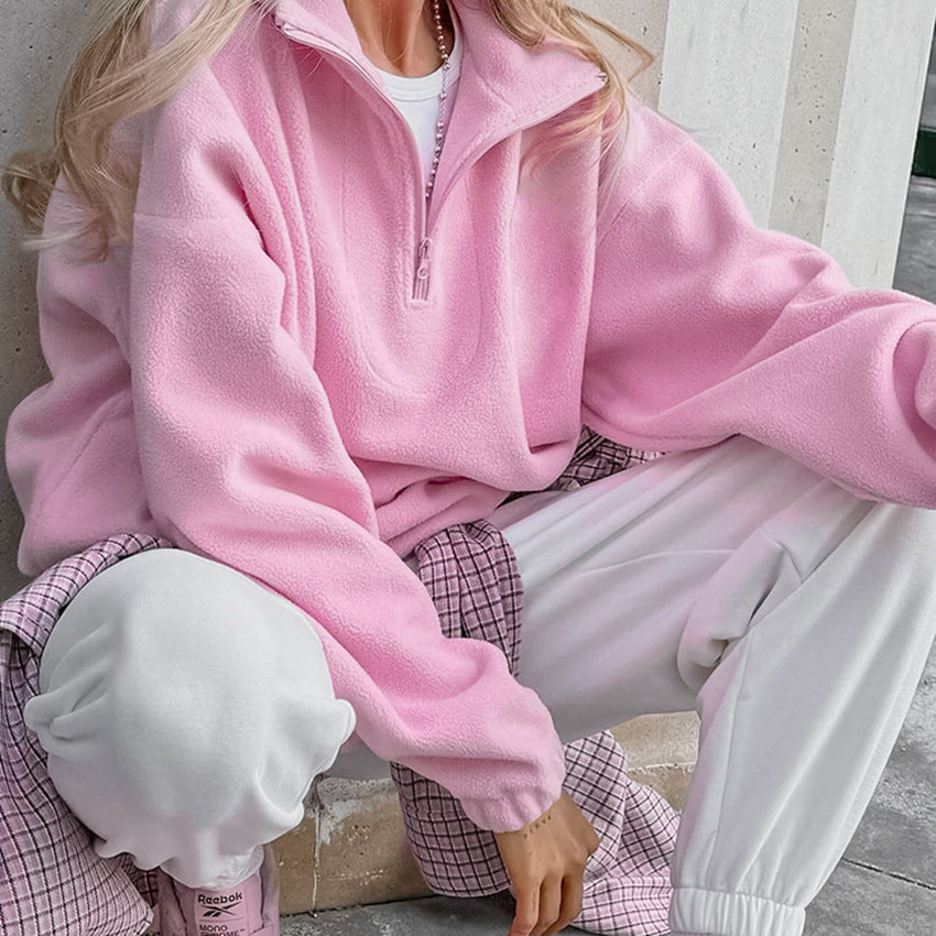 Damen Fleece Pullover Kurz Reißverschluss Modern Style