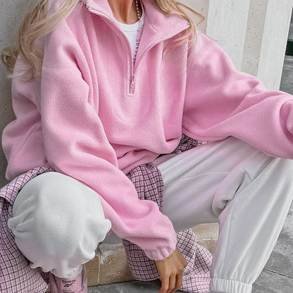 Damen Fleece Pullover Kurz Reißverschluss Modern Style