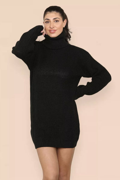 Damen Strickkleid Hochkragen Gestrickt Elegant