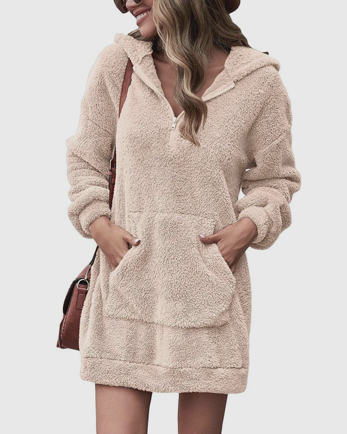 Damen Fleece Kleid Kapuze Taschen Soft Winterkleid