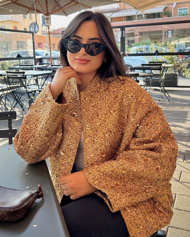 Goldene Pailletten Stehkragen Jacke Elegant