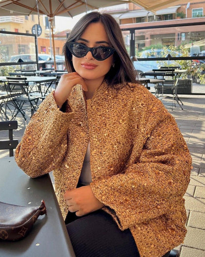 Goldene Pailletten Stehkragen Jacke Elegant