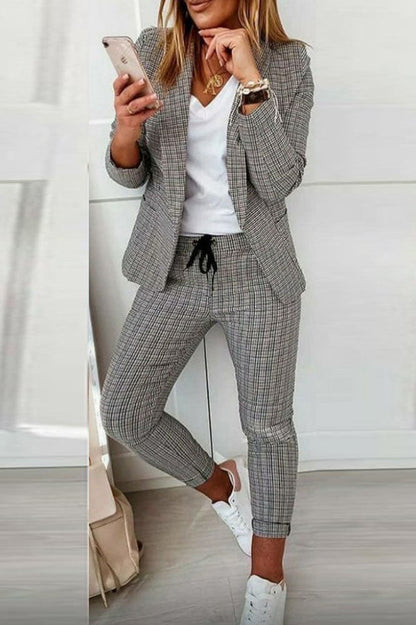 Karo Blazer Mantel & Kordelzughose Set