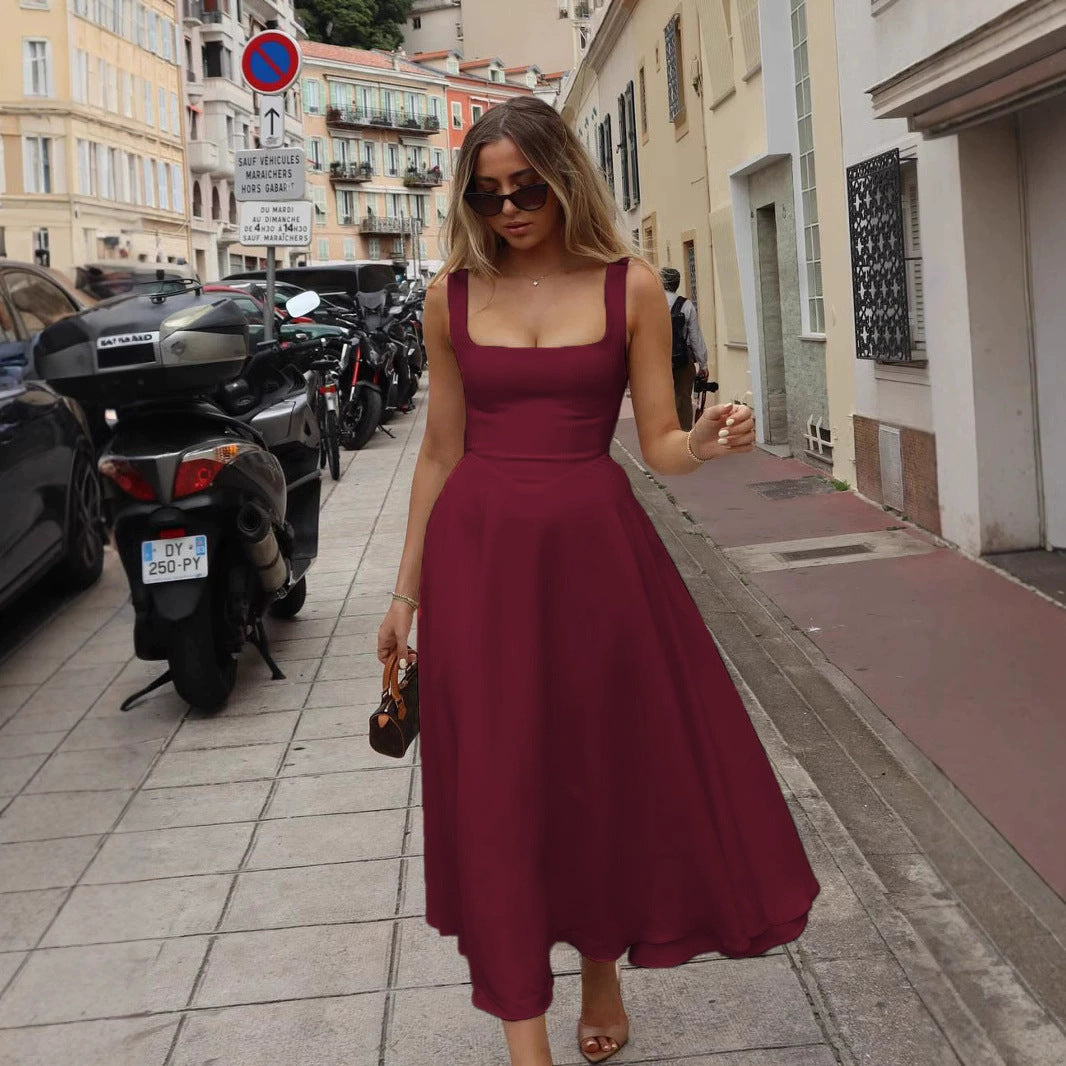 Damen Maxikleid Elegant A-Linie Quadrat Ausschnitt