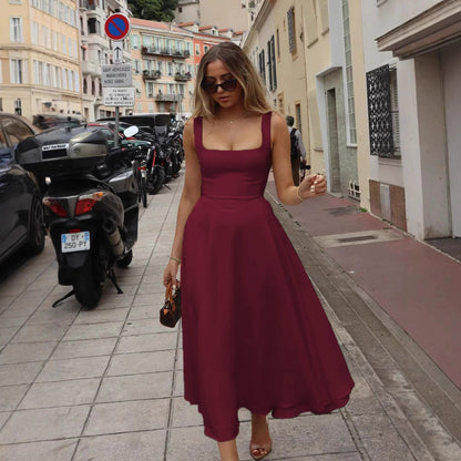Damen Maxikleid Elegant A-Linie Quadrat Ausschnitt
