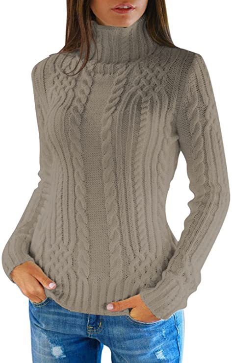 Damen Strickpullover Hochkragen Zopf Muster Elegante Kleidung