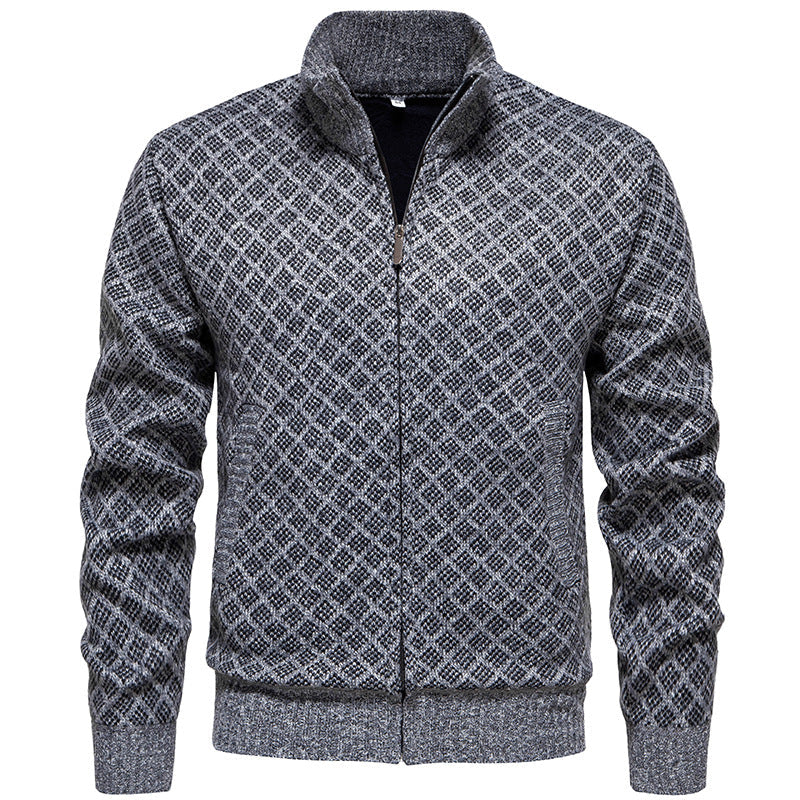 Herren Strickjacke Modern Karo Muster Zipper