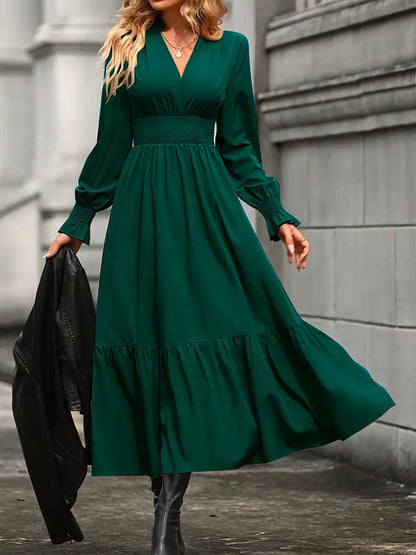 Damen Maxikleid Elegant V-Ausschnitt Locke Ärmel