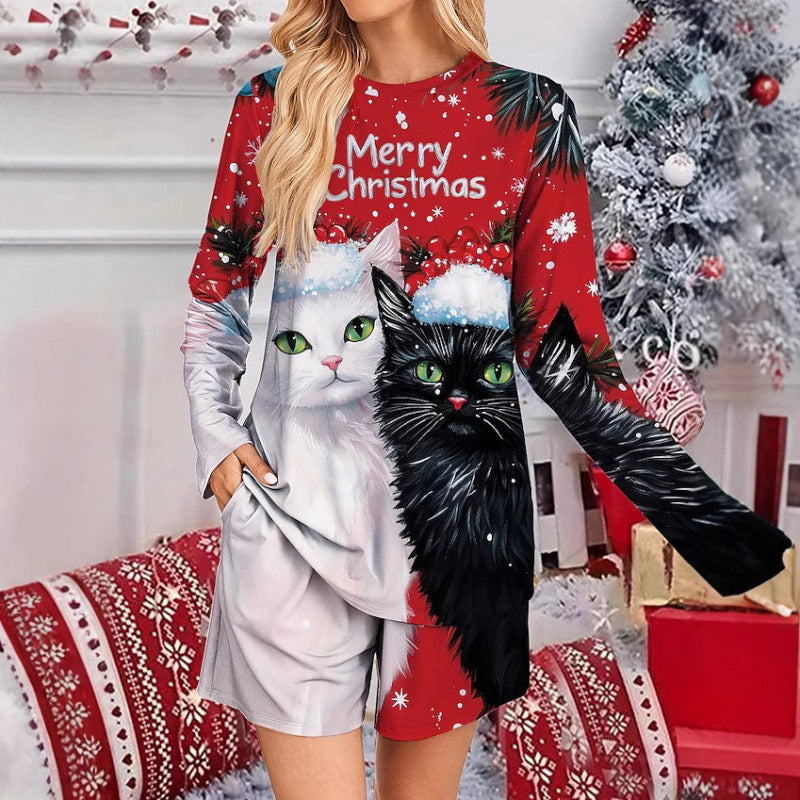 Weihnachts-Pyjama-Set Damen Katzen Motiv gemütlich