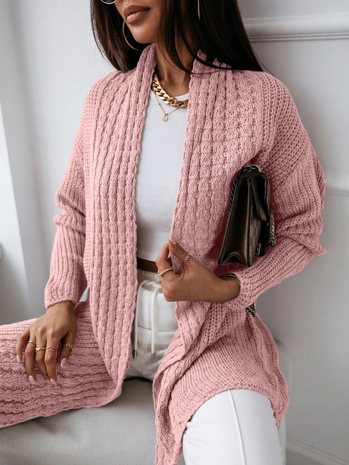 Langarm Strickjacke Wollig Locker Geschnürt - IdealeKleiden