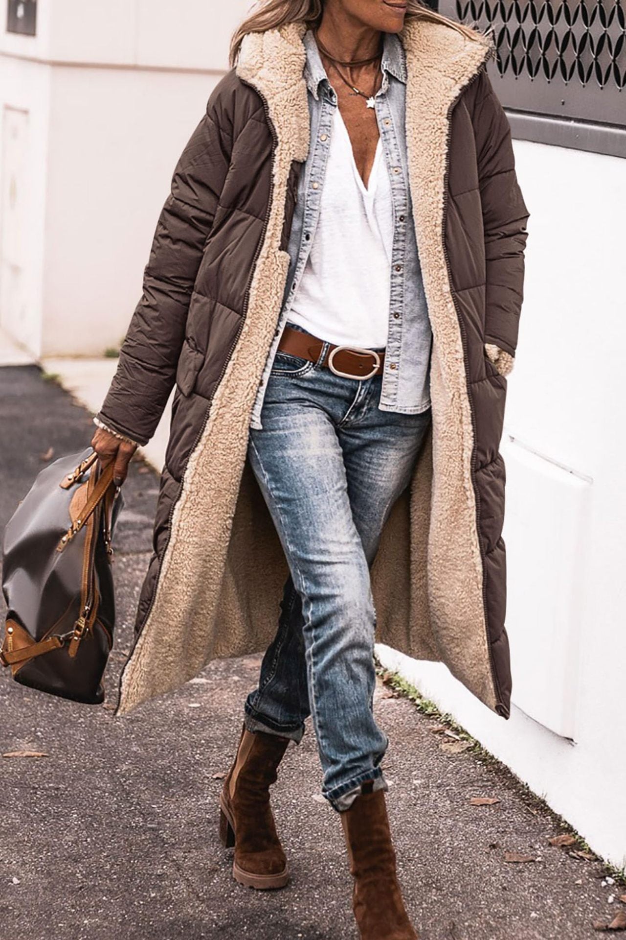 Damen Steppjacke Lang Kuschelig Fleece Winterjacke