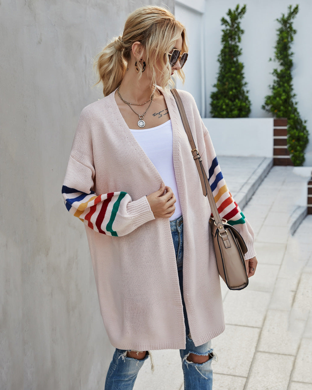 Strickjacke Offen Vorne Langer lockerer Schnitt Buntgestreift
