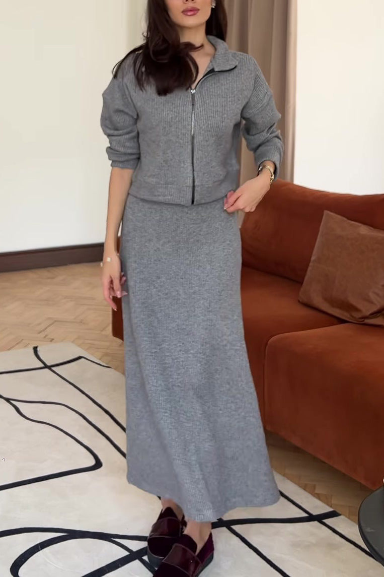 Stricktop mit Reißverschluss und Maxirock Zweiteiler Satz - IdealeKleiden