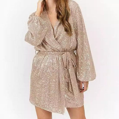 Damen Abendkleid Glitzer V-Ausschnitt Elegant