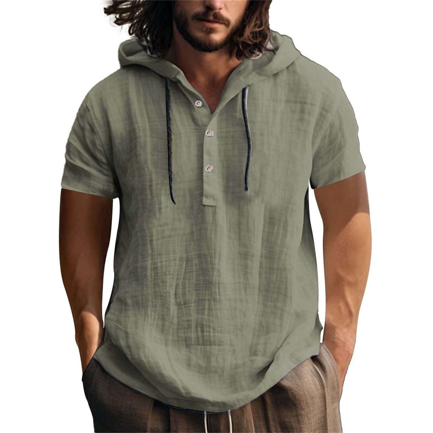 Herren Hoodie Kurzarm Leger Relaxt