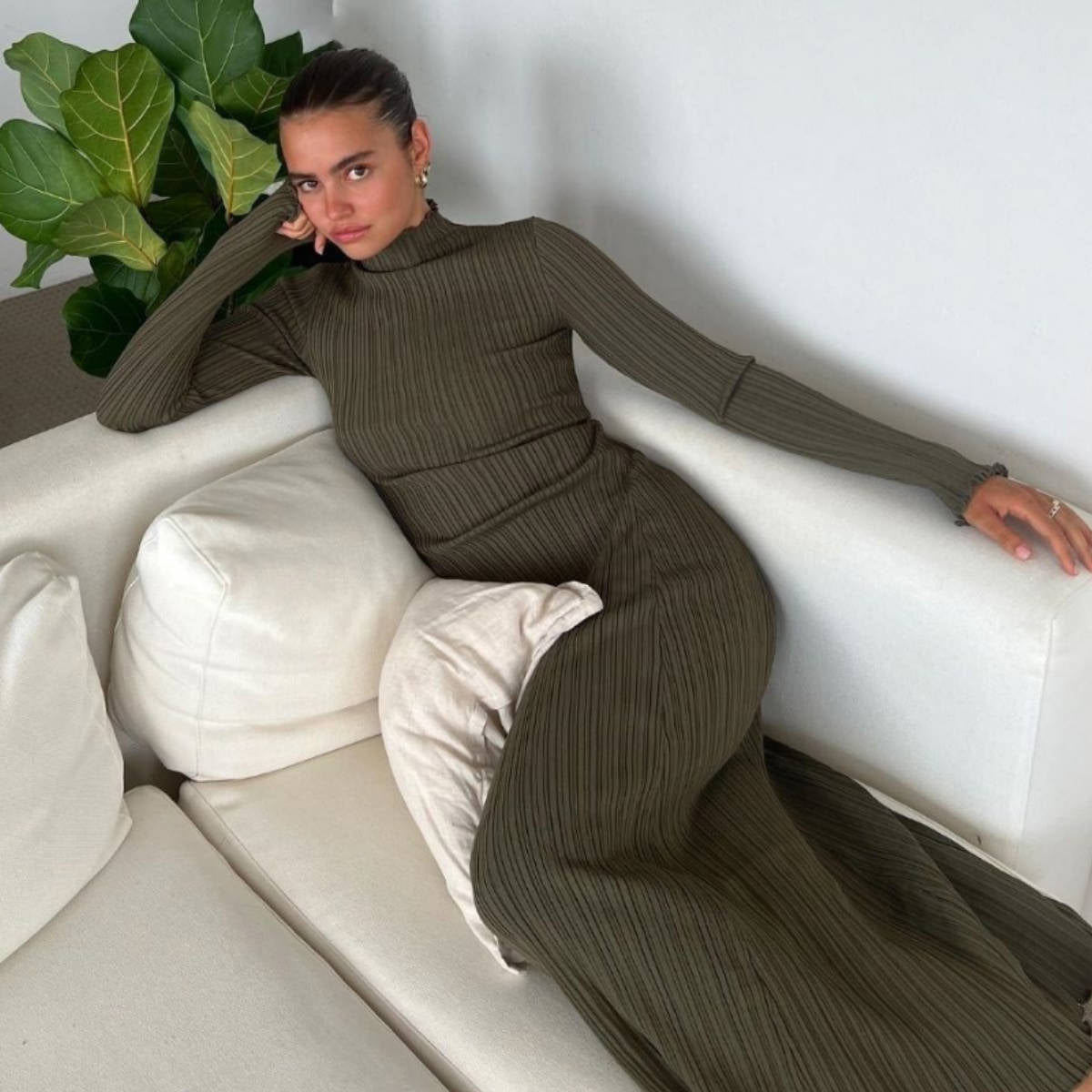Damen Maxikleid Elegant Rippmuster Frauenkleid - IdealeKleiden