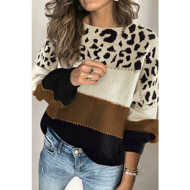 Damen Strickpullover Leopard Muster Herbstmodell