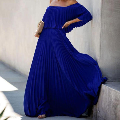 Damen Maxikleid Schulterfrei Plissiert Elegant