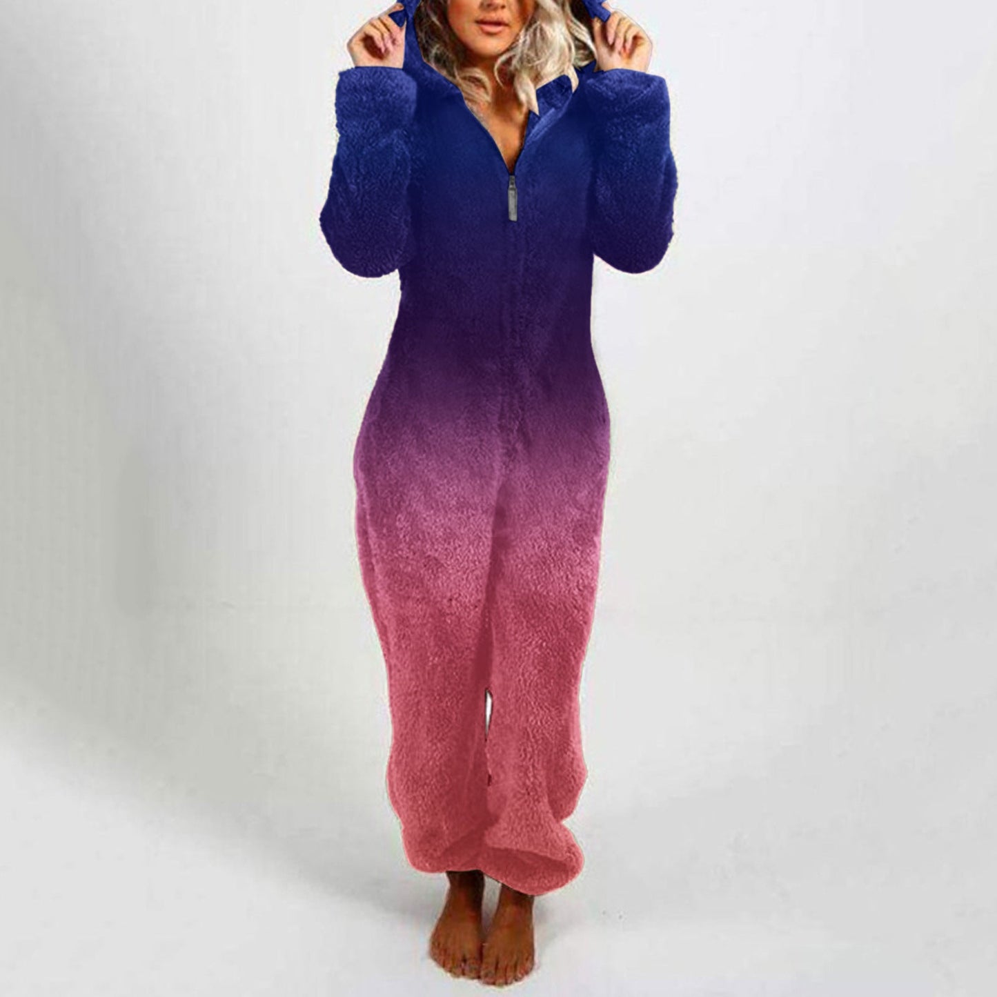 Damen Fleece-Overall Kapuze Farbverlauf Trendy