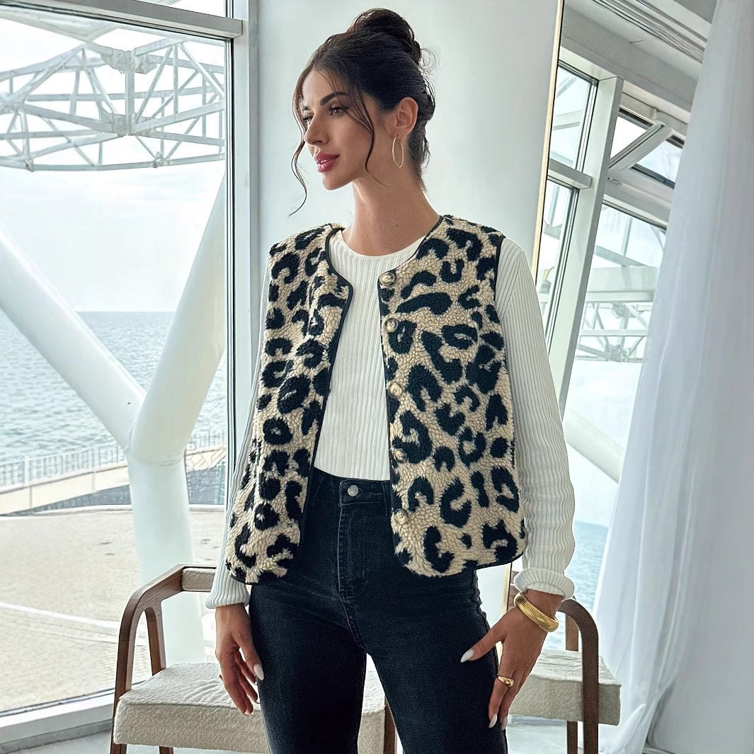 Damen Plüschweste Leopard Muster Trendy Oversize - IdealeKleiden