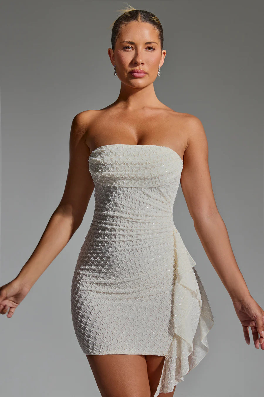Damen Minikleid Rüschen Elegant Stretch