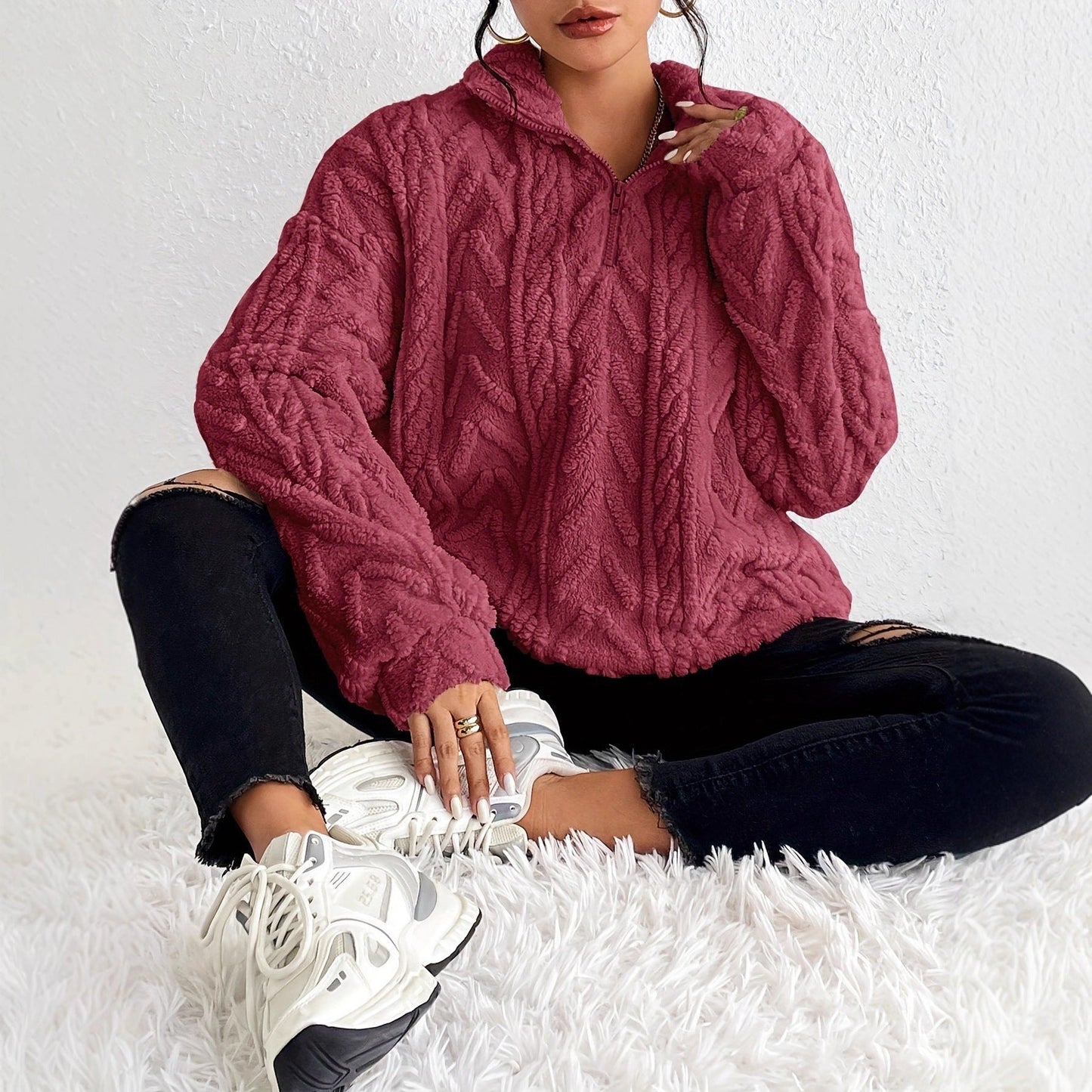 Damen Pullover Weich Fleece Hochkragen Modern - IdealeKleiden