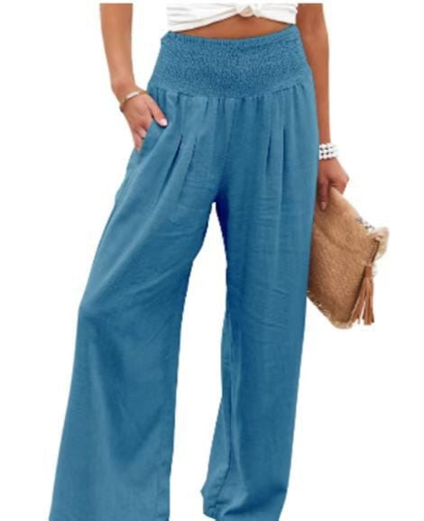 Damen Leinenhose Weit Bequem Falten Detail