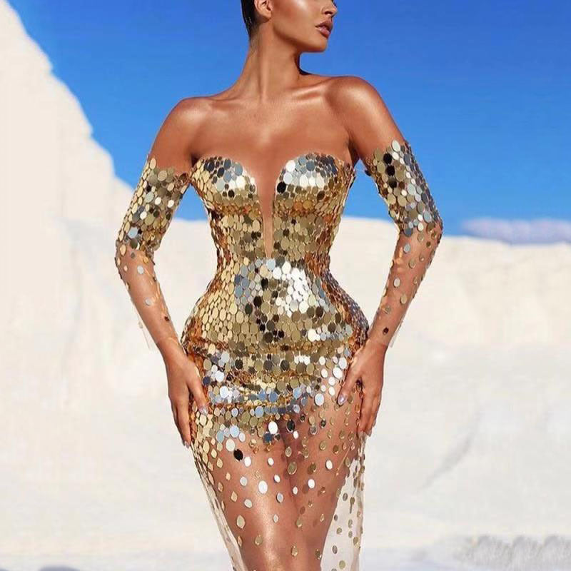 Glitzerndes Abendkleid Damen Elegant Durchsichtige Ärmel - IdealeKleiden