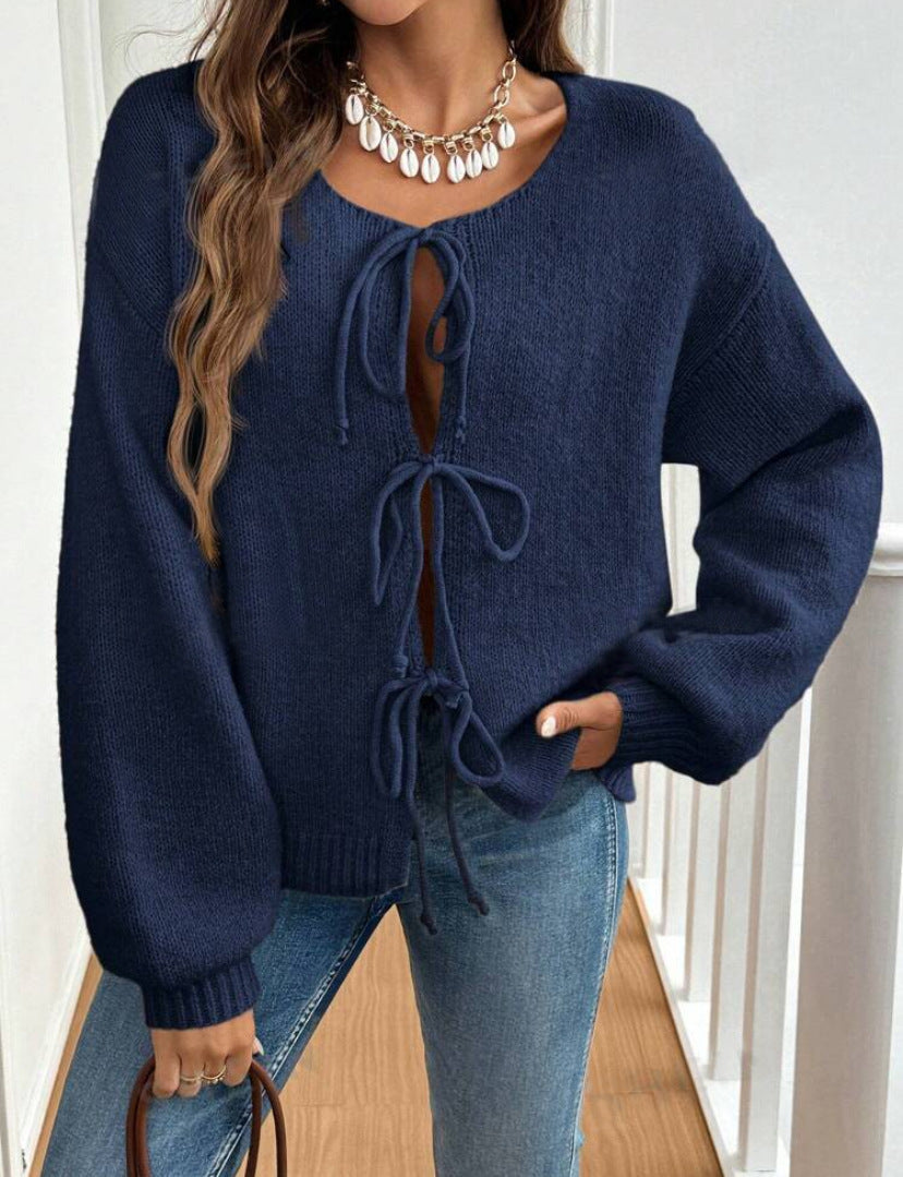 Damen Strickpullover Weich Großzügig Schnürdetail