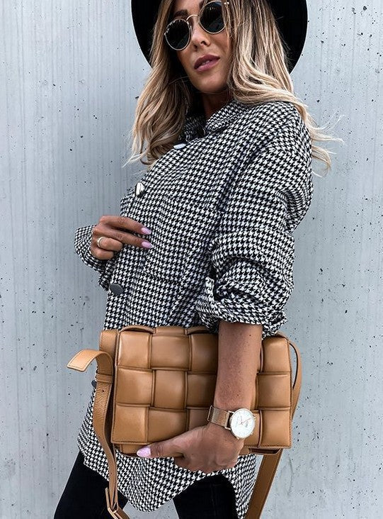 Karo Kleid Übergroß Wollig Knielang Casual