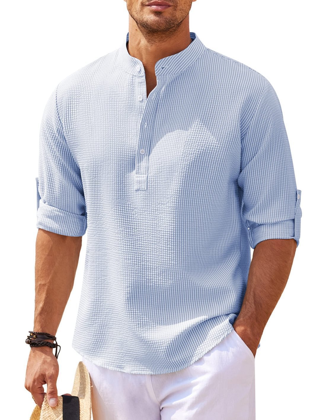 Herren Hemd Relaxed Fit Stehkragen Rippoptik