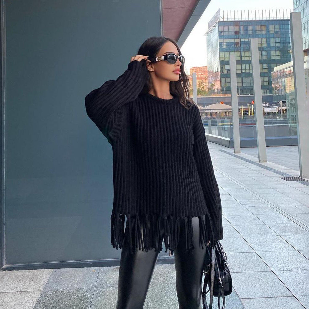 Damen Strickpullover Lässig Fransen Weich