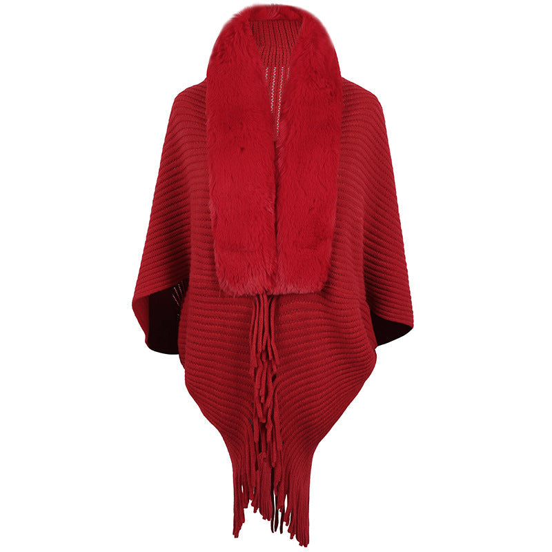Damen Poncho Luxus Strick mit Kunstfellkragen und Fransen