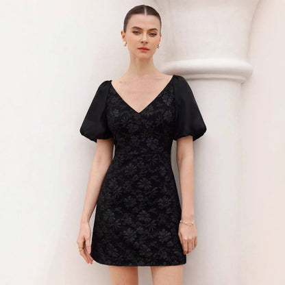 Kurzes Damenkleid Puffärmel Blumenmuster