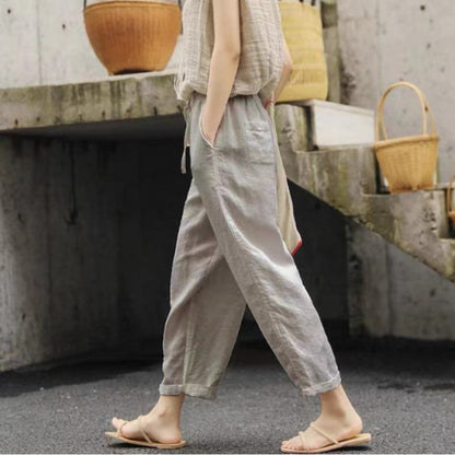 Damen Leinenhose Bequem Elastisch mit Taschen