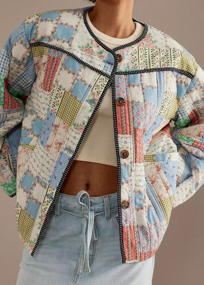 Stylische Patchwork-Jacke Baumwolle Quilted Rundhals
