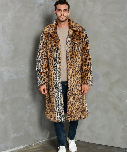 Herren Kunstfell-Mantel Leoparden-Design Elegant Breitkragen