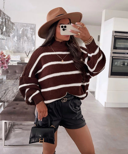 Damen Oversized Pullover Streifen Rollkragen Modern