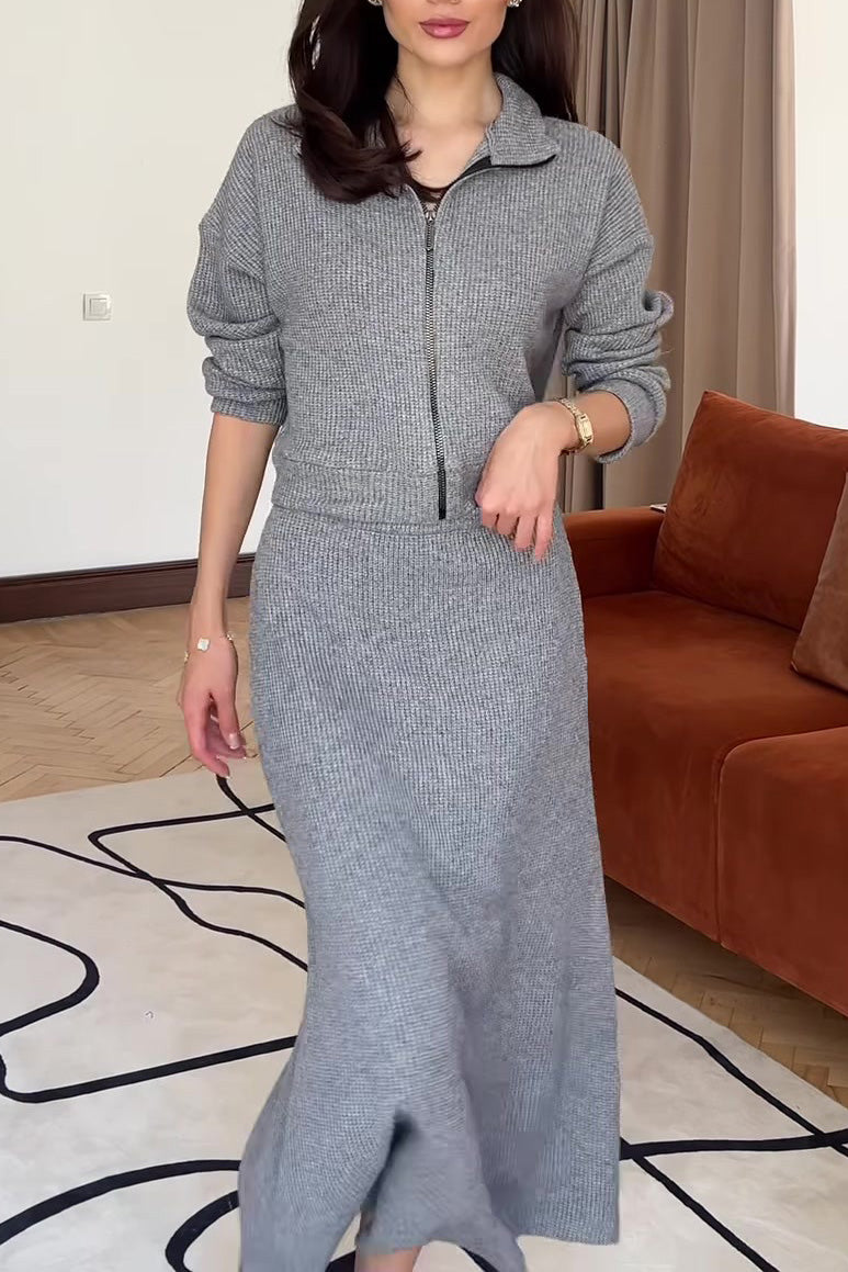 Stricktop mit Reißverschluss und Maxirock Zweiteiler Satz