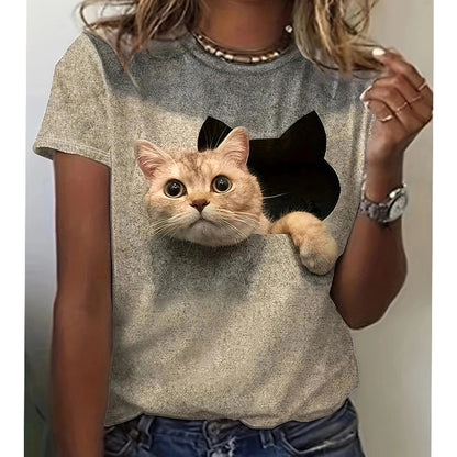 Damen T-Shirt 3D Katze Trendy Risslook - IdealeKleiden