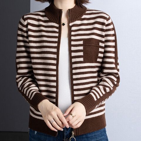 Damen Strickjacke Stehkragen Reißverschluss Elegante Outdoorjacke