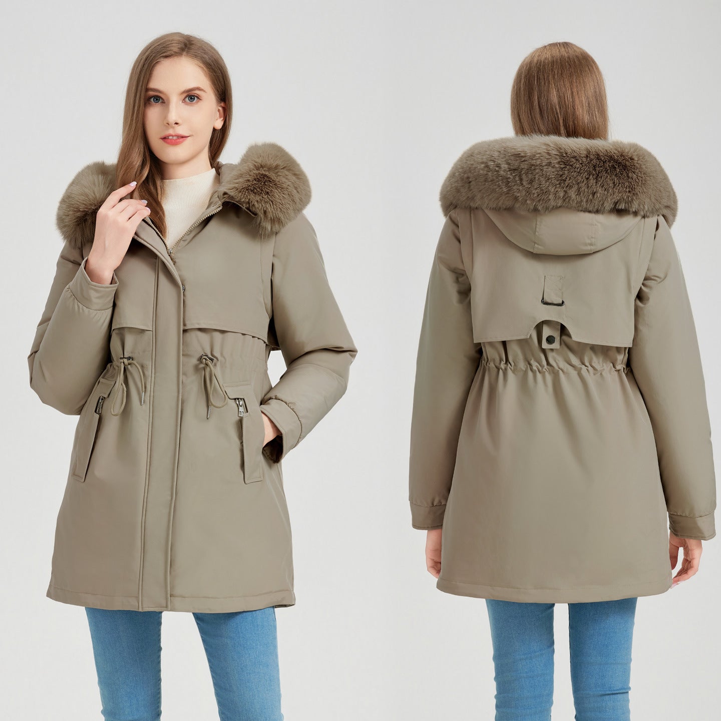 Damen Winterparka Abnehmbarer Fellkragen Slim Fit