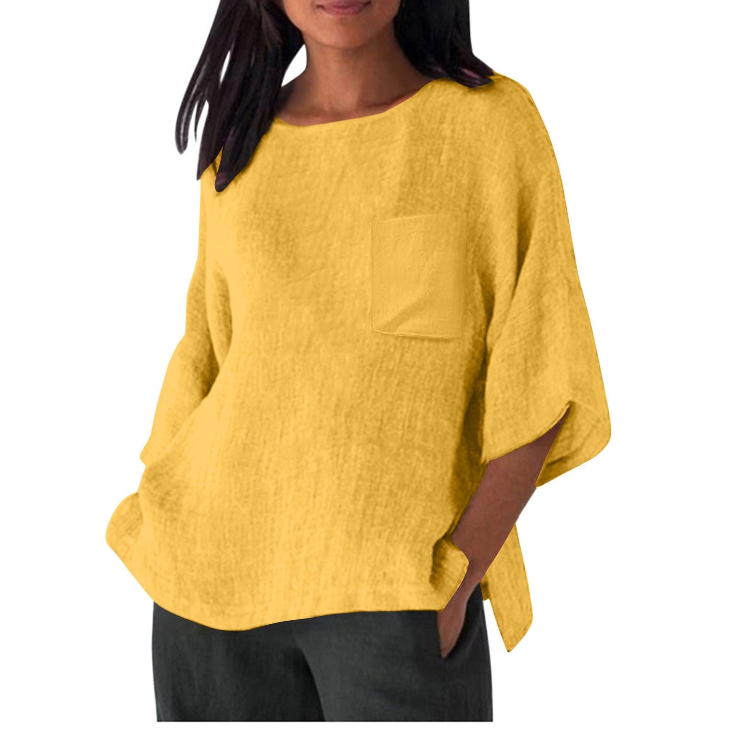 Damen Leinen Top mit Brusttasche Sommerkleidung