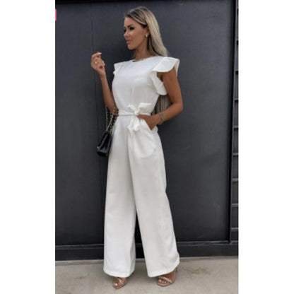 Damen Jumpsuit Elegant Weitbeinig Rüschen Ärmel