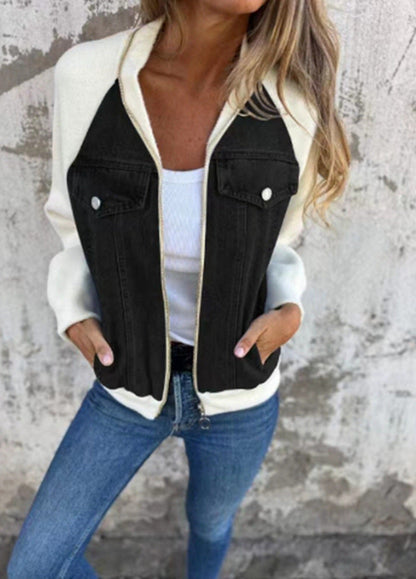 Damen Sweaterjacke Denim Style Fleece Ärmel